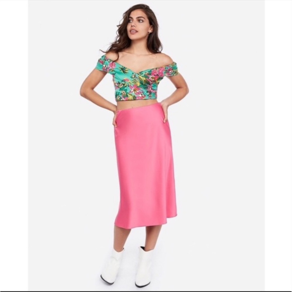 Express x Rocky Barnes Hot Pink Satin Midi Skirt